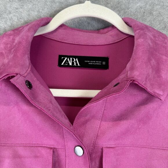 Zara Basic Jacket Women's XS Pink Faux Suede Long Sleeve Snap Front Barbie Biker - Picture 6 of 13